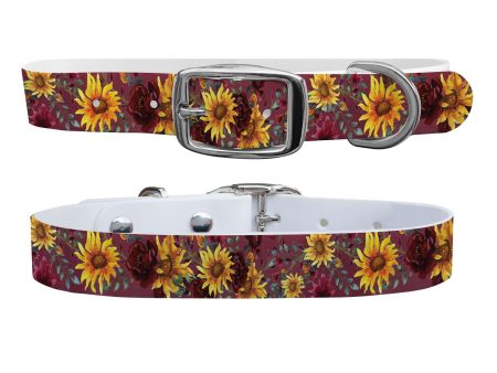 Merlot Sunflowers Dog Collar With Silver Buckle Fashion