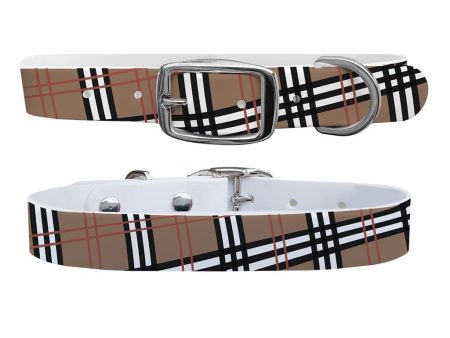 Khaki Plaid Dog Collar With Silver Buckle For Sale