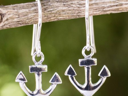 Anchors Aweigh Handcrafted Sterling Silver Anchor Dangle Earrings For Sale