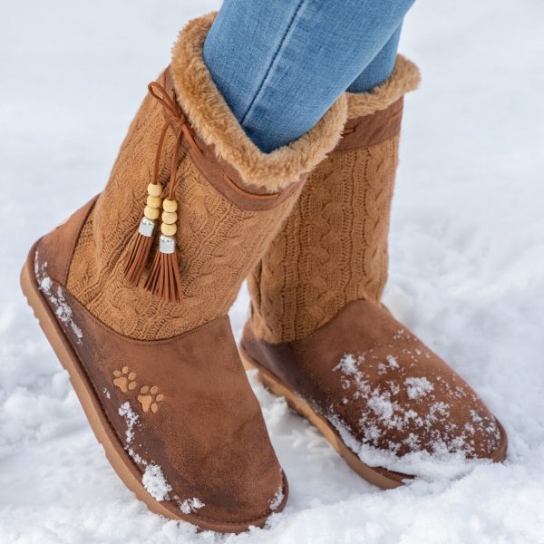 Paw Print Tall Knitted Boots With Beaded Tassels Supply