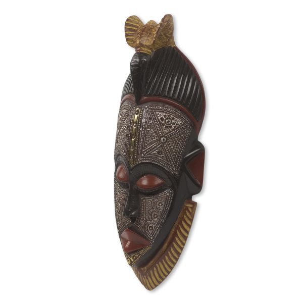 Abrante Pa Embossed Aluminum and Wood African Mask with Brass Accents Fashion