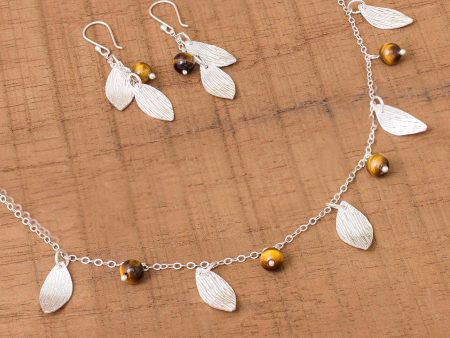 Acorns and Leaves Sterling Silver Leaves Tiger s Eye Necklace and Earrings Set Supply