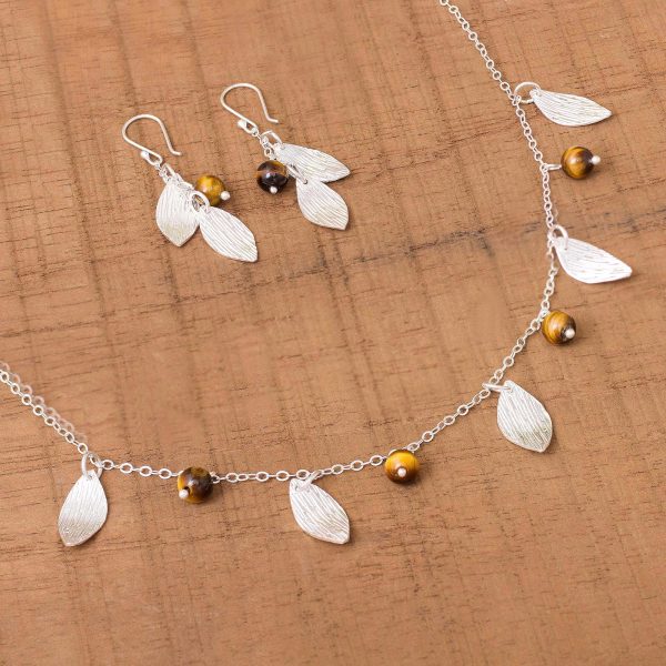 Acorns and Leaves Sterling Silver Leaves Tiger s Eye Necklace and Earrings Set Supply