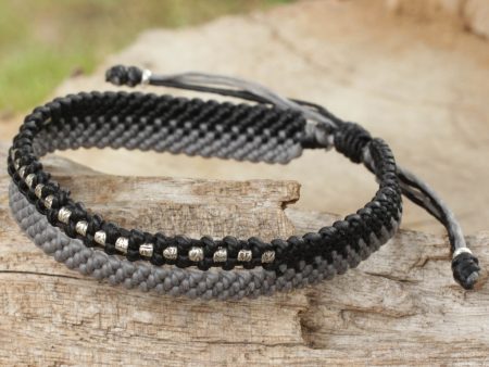 Amity in Black and Gray Artisan Crafted Black and Gray Cord Bracelet with Silver For Sale