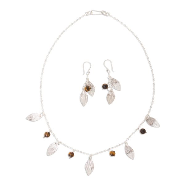 Acorns and Leaves Sterling Silver Leaves Tiger s Eye Necklace and Earrings Set Supply