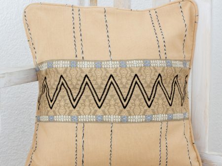 Zigzag Lines in Wheat Handwoven Cotton Cushion Cover in Wheat from Guatemala on Sale