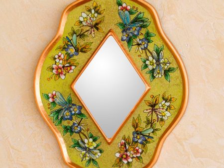 Yellow Summer Garden Andean Handcrafted Reverse Painted Glass Wall Mirror Supply