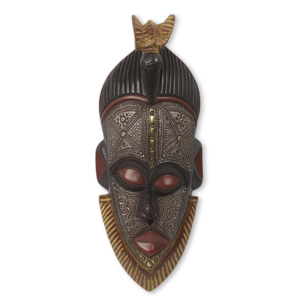 Abrante Pa Embossed Aluminum and Wood African Mask with Brass Accents Fashion