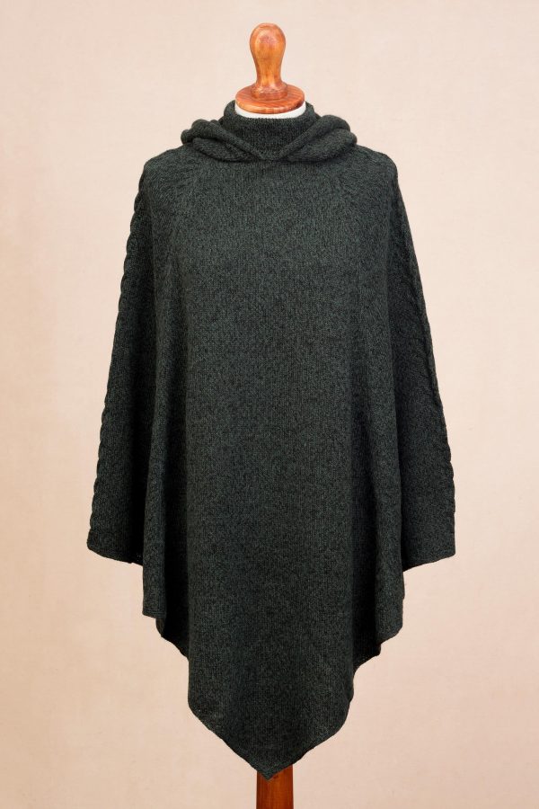 Adventurous Style in Moss Knit Alpaca Blend Hooded Poncho in Moss from Peru Online Sale