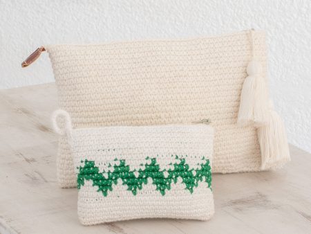 Zigzag Emerald Hand-Crocheted Cotton Handbags with Emerald Zigzags (Pair) Online Hot Sale