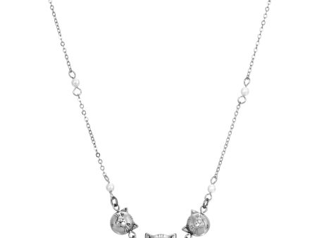 1928 Jewelry® Silver Tone Triple Cat Faux Pearl Chain Necklace 16  Adj. For Sale