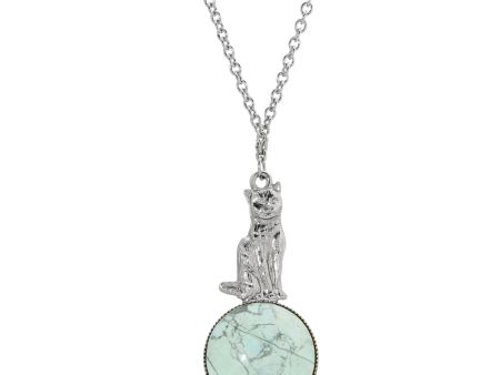 1928 Jewelry® Silver Tone Semi Precious Turquoise Stone Cat 28 Inches Pendant Necklace For Cheap