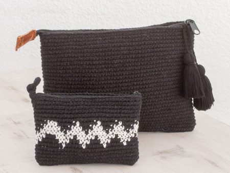 Zigzag Night Hand-Crocheted Cotton Handbags with White Zigzags (Pair) on Sale