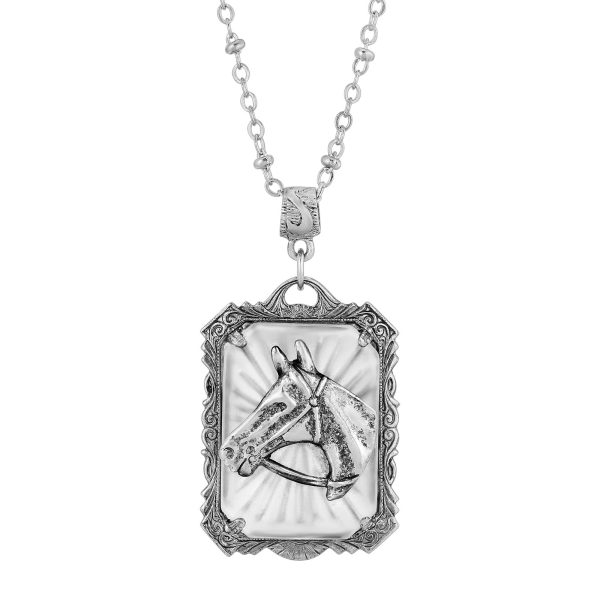 1928 Jewelry® Pewter Lalique Rectangle Horse Head Necklace 24 In. For Sale