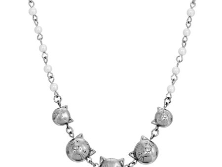 1928 Jewelry® Silver Tone Multi Cat Faux Pearl Chain Necklace 16  Adj. Fashion