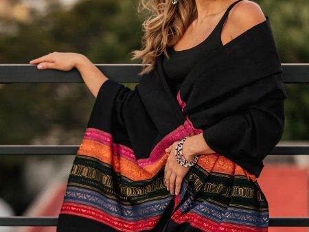 Zapotec Night Splendor Black Zapotec Rebozo Shawl with Colorful Geometric Stripes Online Sale