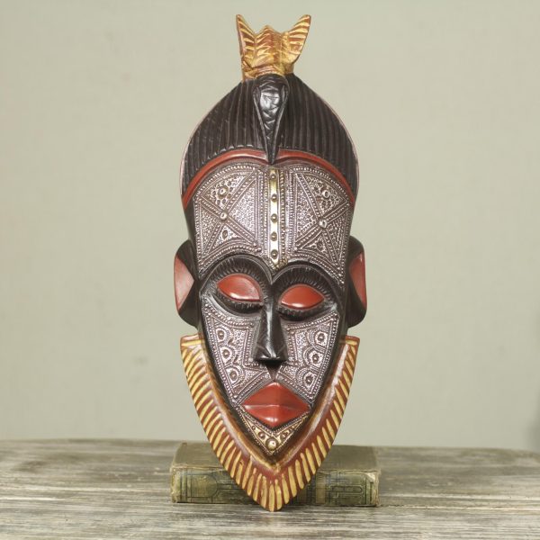 Abrante Pa Embossed Aluminum and Wood African Mask with Brass Accents Fashion