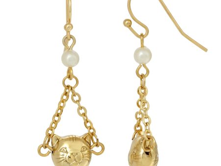 1928 Jewelry® 14K Gold Dipped Cat Face With Faux Pearl & Chain Drop Wire Earrings For Discount