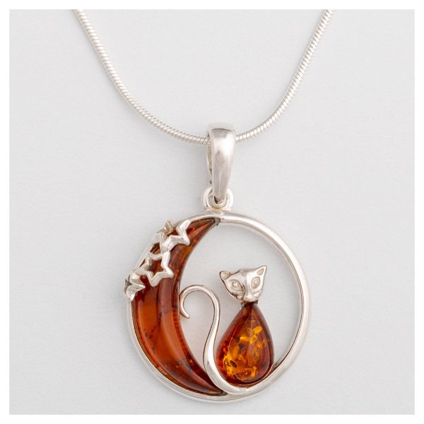 Moonlight Cat Sterling & Amber Necklace Online now