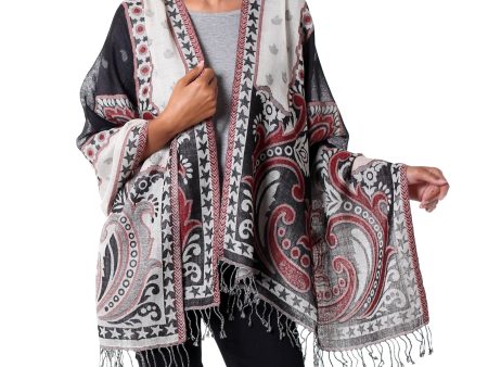 Agra Night Dramatic Indian Wool Shawl in Black and White with Red Cheap