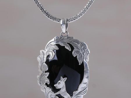 Wondrous Garden Animal-Themed Silver and Onyx Pendant Necklace from Bali For Cheap