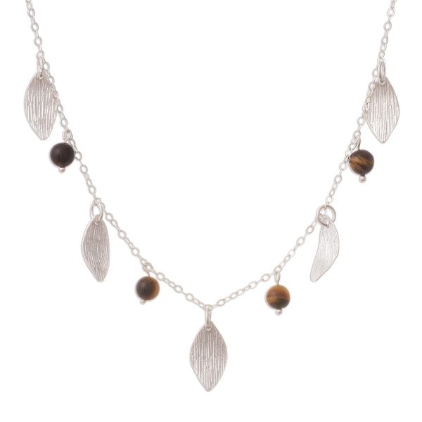 Acorns and Leaves Sterling Silver Leaves Tiger s Eye Necklace and Earrings Set Supply