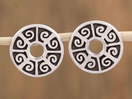 Ancient Ball Game Circular Sterling Silver Button Earrings from Mexico Online Hot Sale