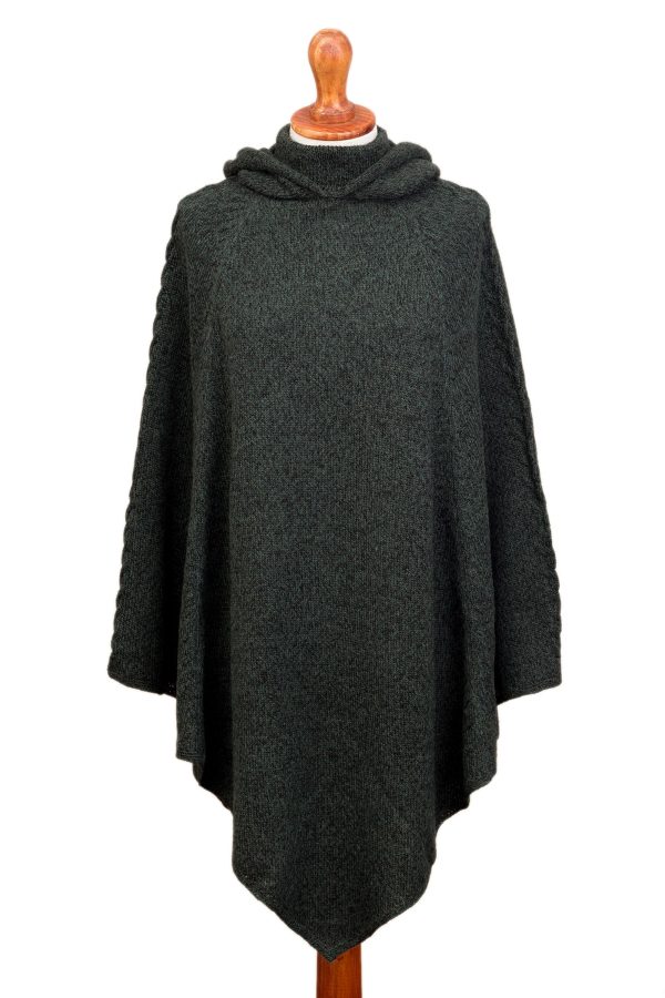 Adventurous Style in Moss Knit Alpaca Blend Hooded Poncho in Moss from Peru Online Sale