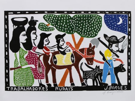 Agricultural Workers Brazil Farm Workers Color Woodcut Print by J. Borges on Sale