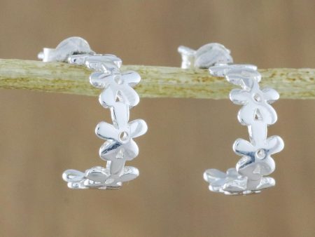 Wondrous Blossoms Handcrafted Sterling Silver Floral Half-Hoop Earrings For Discount