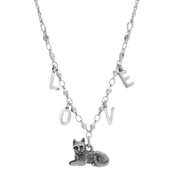 1928 Jewelry® Pewter And Silver Tone Cat With Love Initials Necklace 16 Inches Discount