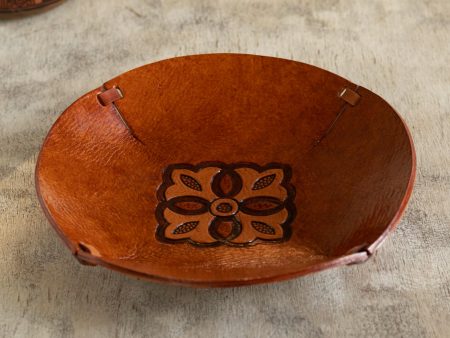 Colonial Florals Brown Hand Tooled Leather Catchall Plate from Peru For Discount