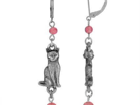 1928 Jewelry® Silver Tone Pink Bead Cat Drop Earrings on Sale