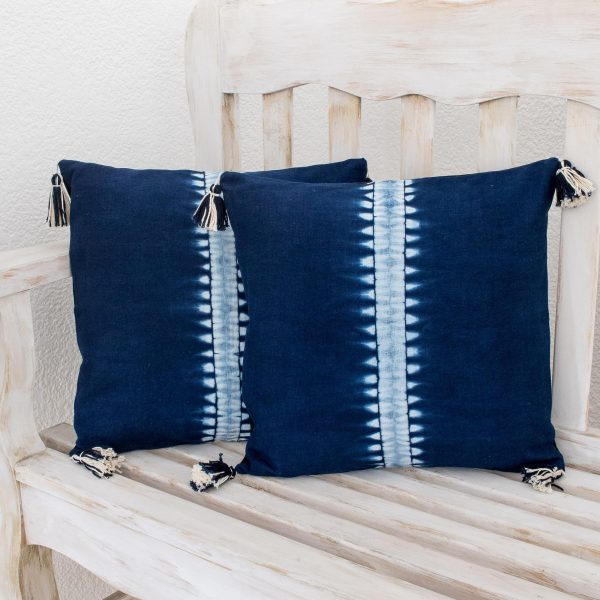 Above the Waves Striped Tie-Dyed Cotton Cushion Covers in Indigo (Pair) Sale