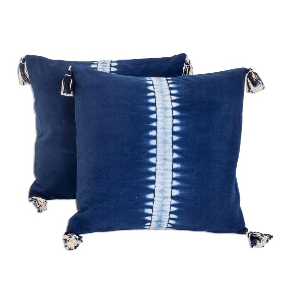 Above the Waves Striped Tie-Dyed Cotton Cushion Covers in Indigo (Pair) Sale