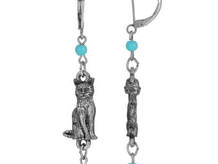 1928 Jewelry® Silver Tone Turquoise Bead Cat Drop Earrings For Cheap