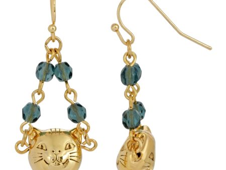 1928 Jewelry® 14K Gold Dipped Cat Face With  Blue Beaded Chain Drop Wire Earrings Online now