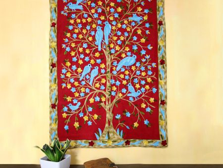 Abode of Birds II Bird-Themed Wool Chain Stitch Tapestry from India For Sale