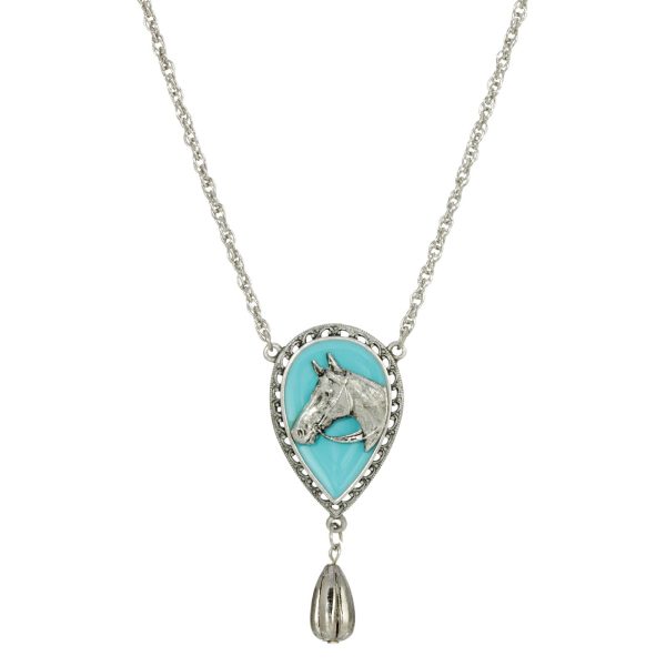 1928 Jewelry® Silver Tone Turquoise Enamel Horse Head Necklace 18 Inch Fashion