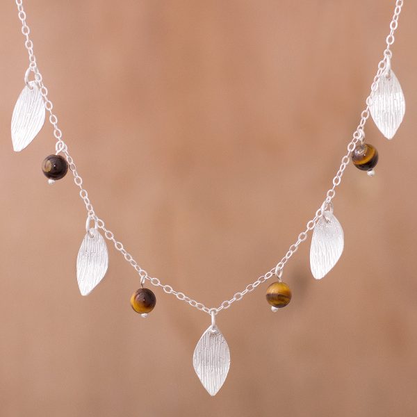 Acorns and Leaves Sterling Silver Leaves Tiger s Eye Necklace and Earrings Set Supply