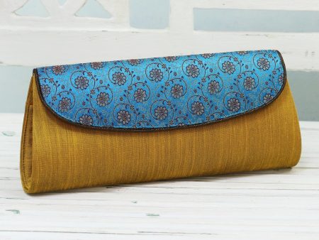 Amber Field Amber and Cyan Clutch Handbag with Floral Pattern from India Sale