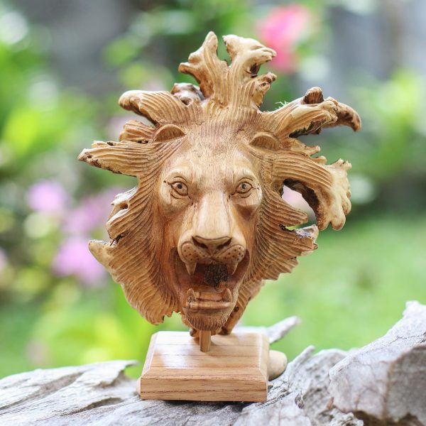 Emerging Lion Benalu Wood Lion Sculpture on Stand on Sale