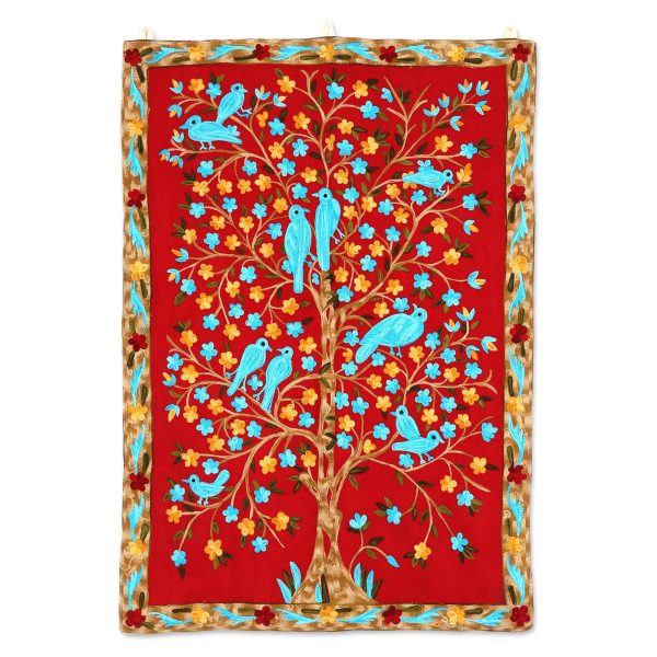 Abode of Birds II Bird-Themed Wool Chain Stitch Tapestry from India For Sale