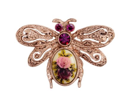 1928 Jewelry® Rose Gold-Tone Purple Crystal Flower Insect Brooch Supply