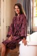 Twilight Bloom Purple and Brown Cotton Hand Crafted Batik Short Robe For Sale