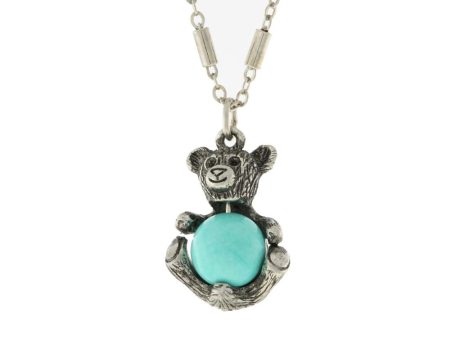 1928 Jewelry® Pewter Round Semi Precious Howlite Dyed Turquoise Teddy Bear Necklace 16  Adj. Online