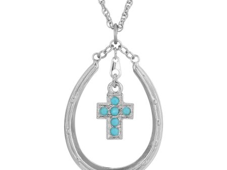 1928 Jewelry® Pewter Horseshoe Turquoise Cross Necklace 16 Adj. Discount