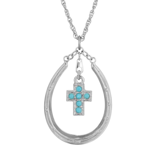 1928 Jewelry® Pewter Horseshoe Turquoise Cross Necklace 16 Adj. Discount