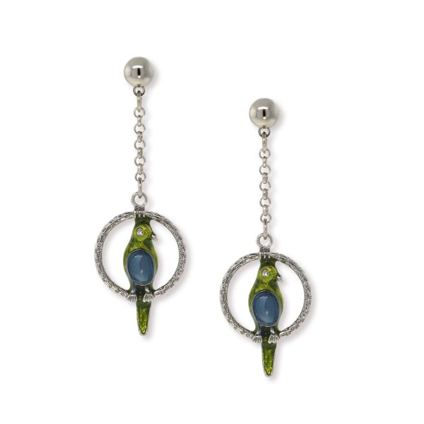 1928 Jewelry® Pewter Hoops With Blue & Green Enamel Parrot Drop Chain Earrings Hot on Sale