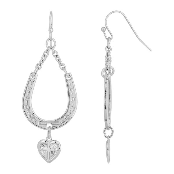 1928 Jewelry® Silver-Tone Horseshoe And Heart With Cross Drop Earrings For Sale